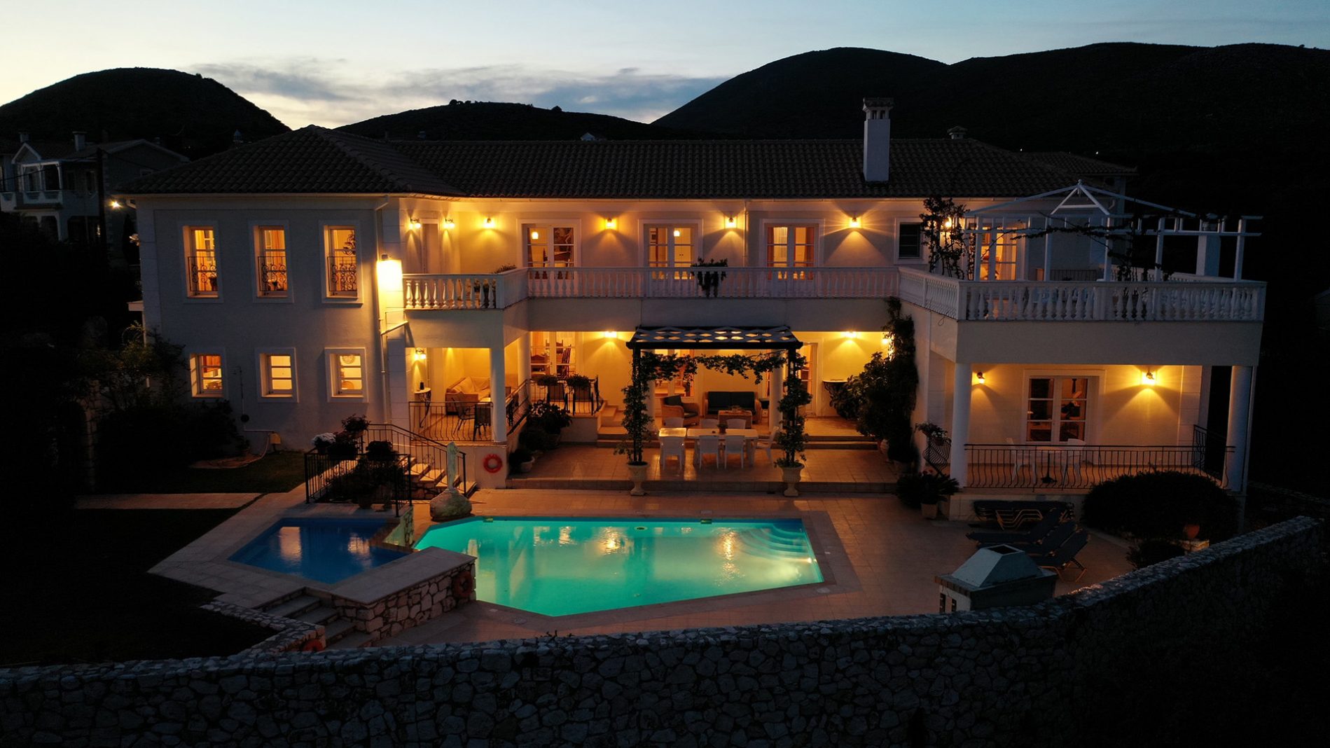 Dusk at the luxury Villa Loukia in Kefalonia